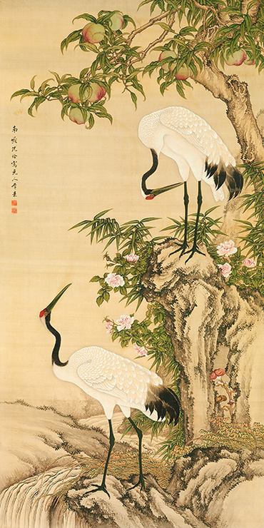 2AA2241-Cranes-Peach-Tree-and-Chinese-Roses--ART-ASIATIQUE--Anonymous-