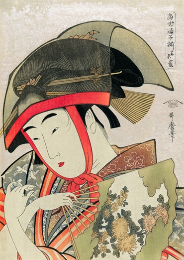 3JP5740-Utamaro-Kitagawa-Woman-holding-a-fan-wearing-a-traditional-transparent-hat