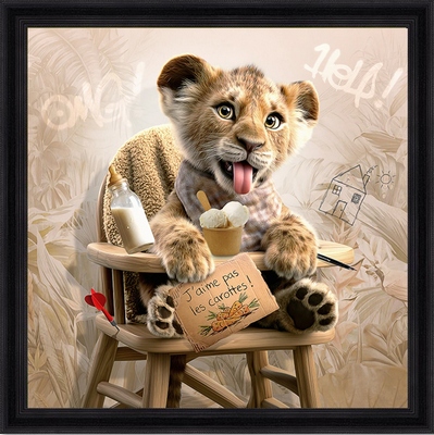 Tableau pvc encadré ANIMAUX Lion chaise de bébé 40X40