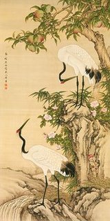 Image 2AA2241 Cranes Peach Tree and Chinese Roses  ART ASIATIQUE  Anonymous 