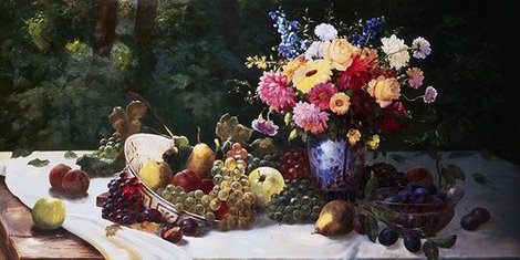 2AB102-Vase-of-Flowers-and-Fruit-on-a-Draped-Table-FLEURS-ART-CLASSIQUE-Adam-Burghardt