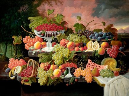 3AA2189-Two-Tiered-Still-Life-with-Fruit-and-Sunset-Landscape-ART-CLASSIQUE-FLEURS-Severin-Roesen