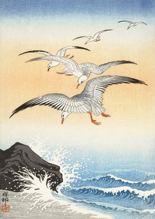 Image 3JP5685 Ohara Koson Five seagulls above turbulent sea