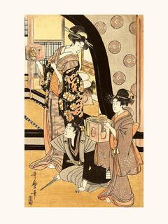 Utamaro-Fukubuki-Deux-femmes-debout,-tenant-de-petites-boites...-SE_UtamaroDeuxfemmesetunhommeagenoux