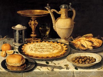 3AA3789-Still-life-with-a-tart-roast-chicken-bread-rice-and-olives-FLEURS-ART-CLASSIQUE-Clara-Peeters